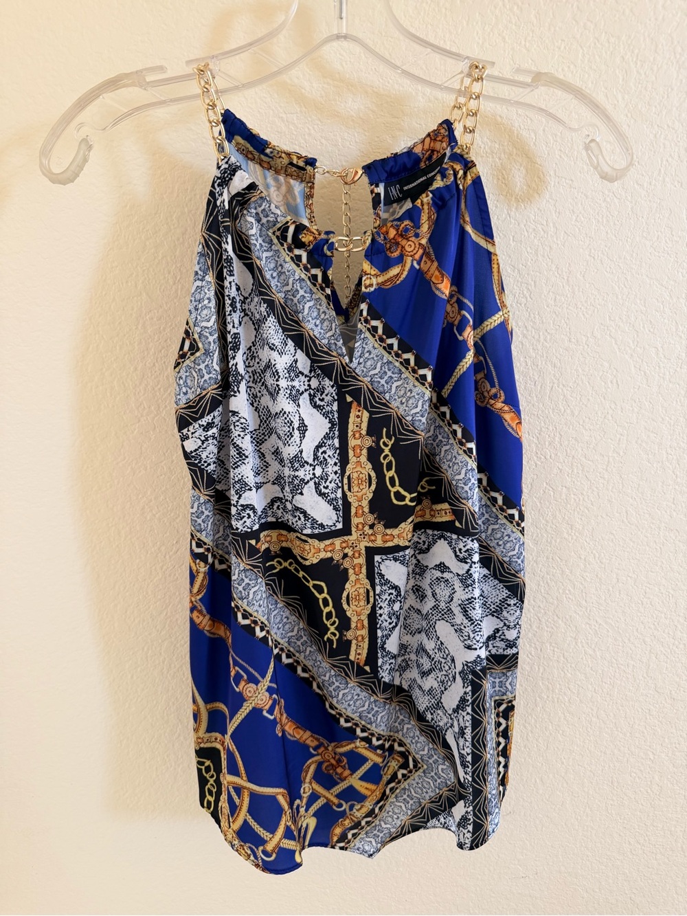 INC Sleeveless Chain Print Halter Top - Blue/Black/White (Size L)